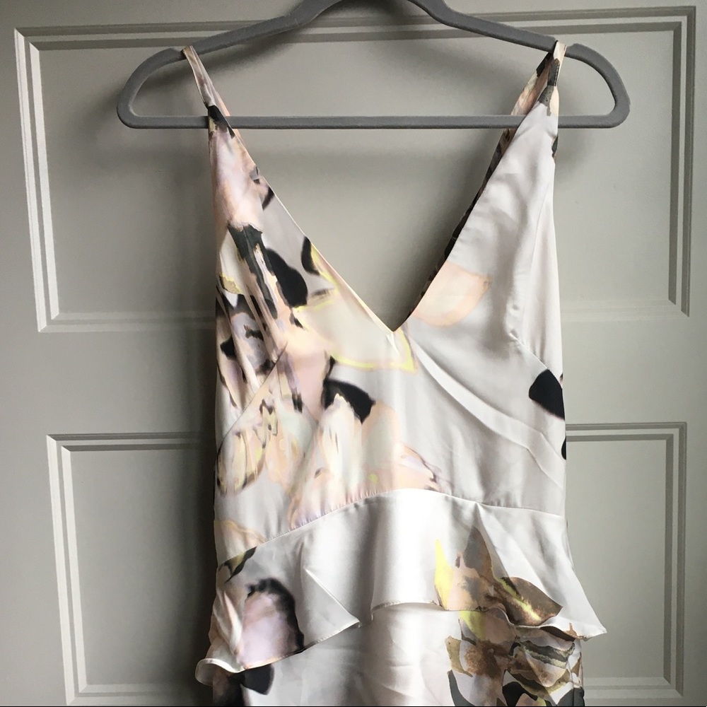 Blurred Floral Flouncy Silky Backless Midi Dress